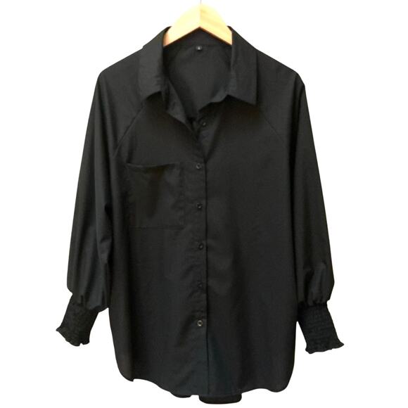 Black Button Down Shirt Smocked Cuffs Pockets Size L Oversized No-Iron - Picture 1 of 5